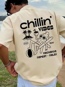 1 camiseta de hombre con estampado gráfico, ropa de playa de verano, corte holgado y manga corta - Verde militar - Ver 1