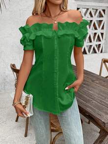 Talla Grande - Talla Grande - Camiseta de Mujer de Talla Grande, Color Sólido, Volantes y Hombros Descubiertos, Manga Corta - Verde - Ver 7