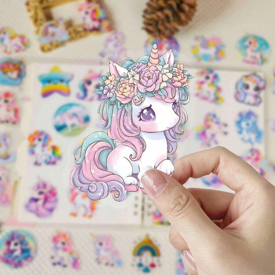56pcs Cute Unicorn Transparent PET Stickers, Cross-Border Applicable, Dreamy Fairy Tale Rainbow Horse Pattern, Suitable For Planner And Tablet - 56pcs - View 1