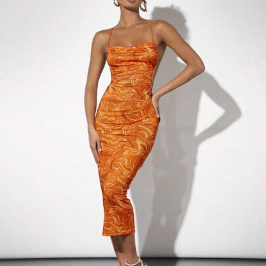 dagjydgfyja Vestido De Punto Sin Espalda Para Mujer Con Estampado Fluido - Naranja - Ver 1