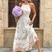 Vestido dorado con estampado geométrico y espalda descubierta para vacaciones . - Azul - Ver 6