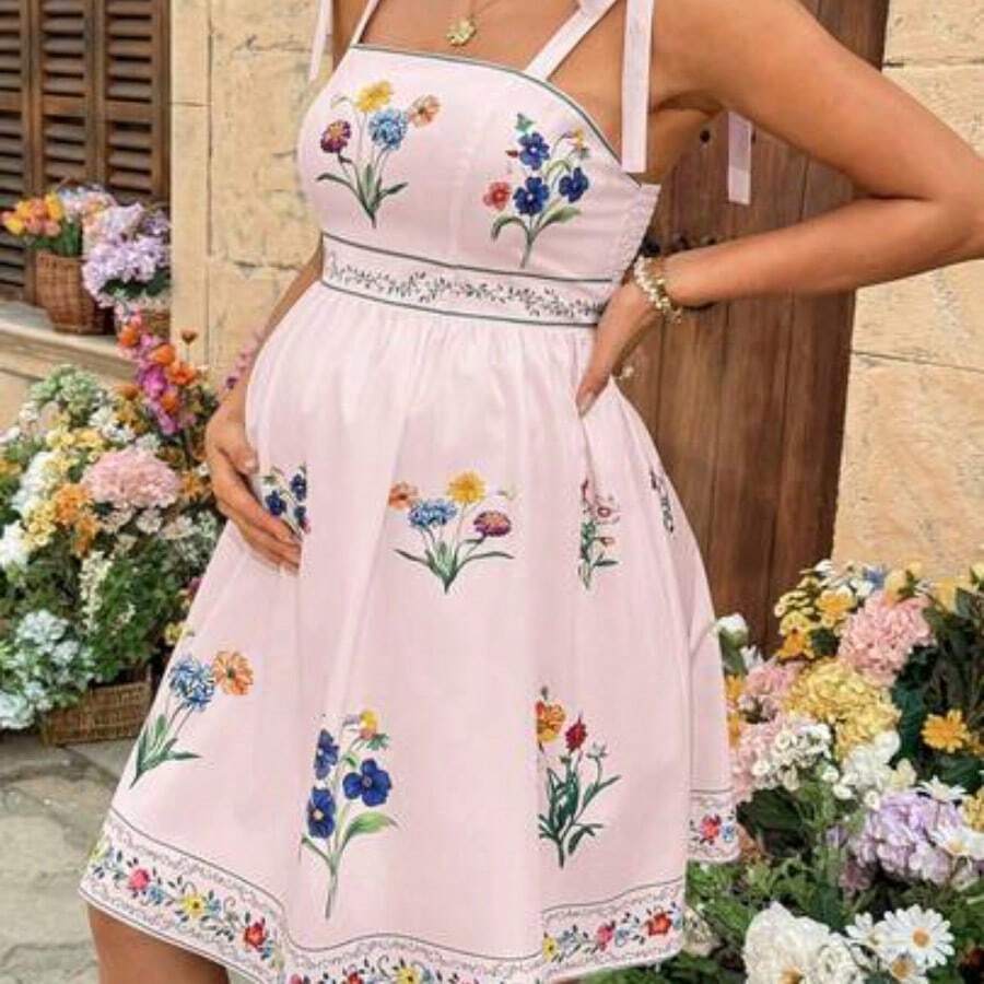 YYRR Lyckli Vestido de maternidad con estampado floral y hombros con lazo, para verano - Rosa Pálido - Ver 1