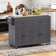Kitchen Island On Wheels, Extendable Kitchen Island With Worktop And Drawers, Mobile And Freestanding Kitchen Island, Ideal For The Kitchen And Dining Room (Grey + Natural) - Grey - View 4