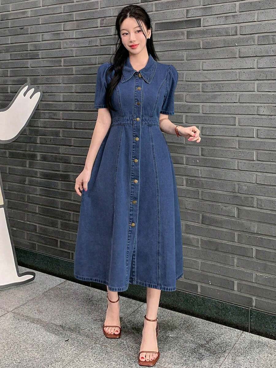 Vestido de camisa vaquera con cuello, mangas abultadas y remaches lavados, estilo occidental elegante para mujer, vestido de verano - Azul lavado oscuro - Ver 1