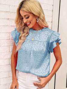 Blusa de Mujer 2026, Nueva Moda de Verano, Versátil, Estampada, con Mangas con Volantes y Cuello Ondulado - azul cielo - Ver 1