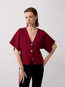 Women's Casual Solid Color Button Front Cardigan, Suitable For Summer & Autumn - Burgundy - View 6