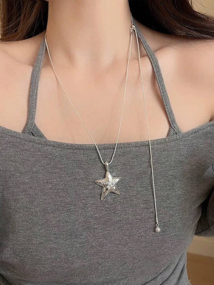 Silver Star Pendant Necklace For Women, Ins Niche High-End Versatile Sweater Chain, Adjustable Long Length Accessory - Silver - View 1
