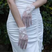 1 Pair White Short Lace Bridal Gloves,Elegant,Birthday - White - View 2
