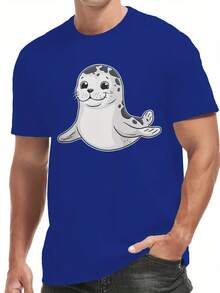 Camiseta Casual de Verano para Hombre con Diseño de Foca de Dibujos Animados - Poliéster Transpirable, Cuello Redondo, Lavable aáquina - Blanco - Ver 8