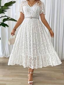 Plus Size Women's Long Dress, Elegant And Simple With Lace Details, Ideal For Holidays Or Parties, Belt Not Included - 象牙白色 - 查看 1