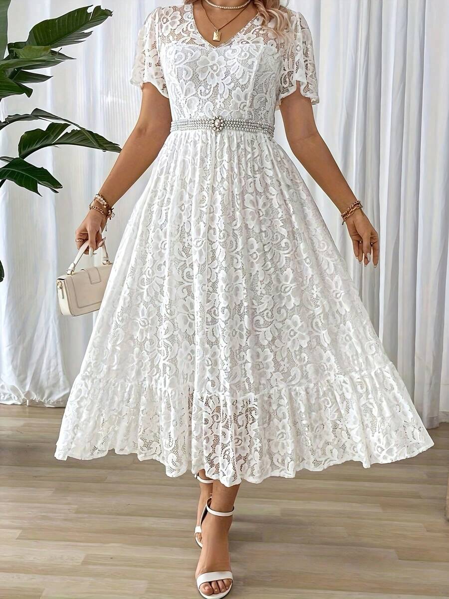 Plus Size Women's Long Dress, Elegant And Simple With Lace Details, Ideal For Holidays Or Parties, Belt Not Included - 象牙白色 - 查看 1