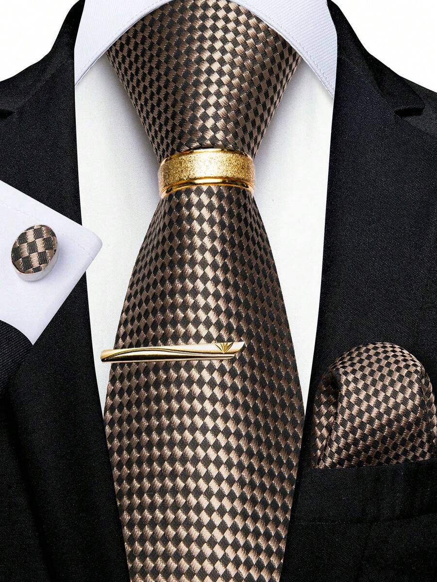 5Pcs Groom Accessory Kit, Simple Brown Check Design, All-In-One Matching Set For Ceremony, Banquet & Parties - Brown - View 1