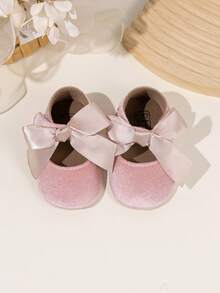 Säuglingsmädchen Samt Mary Jane Flache Schuhe mit großer Schleife Klettverschluss rutschfeste Gummisohle Säuglings Kleinkind Prinzessin Kleiderschuhe - Pink - Übersicht 5