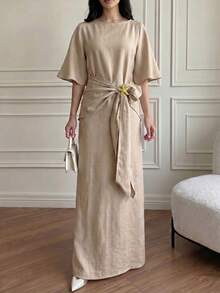 Women's Light Khaki Extra Long Ruffle Sleeve Dress With Starfish Metal Buckle Decoration, Slouchy Elegant Beach Casual Vacation Outfit Summer - Khaki - View 3