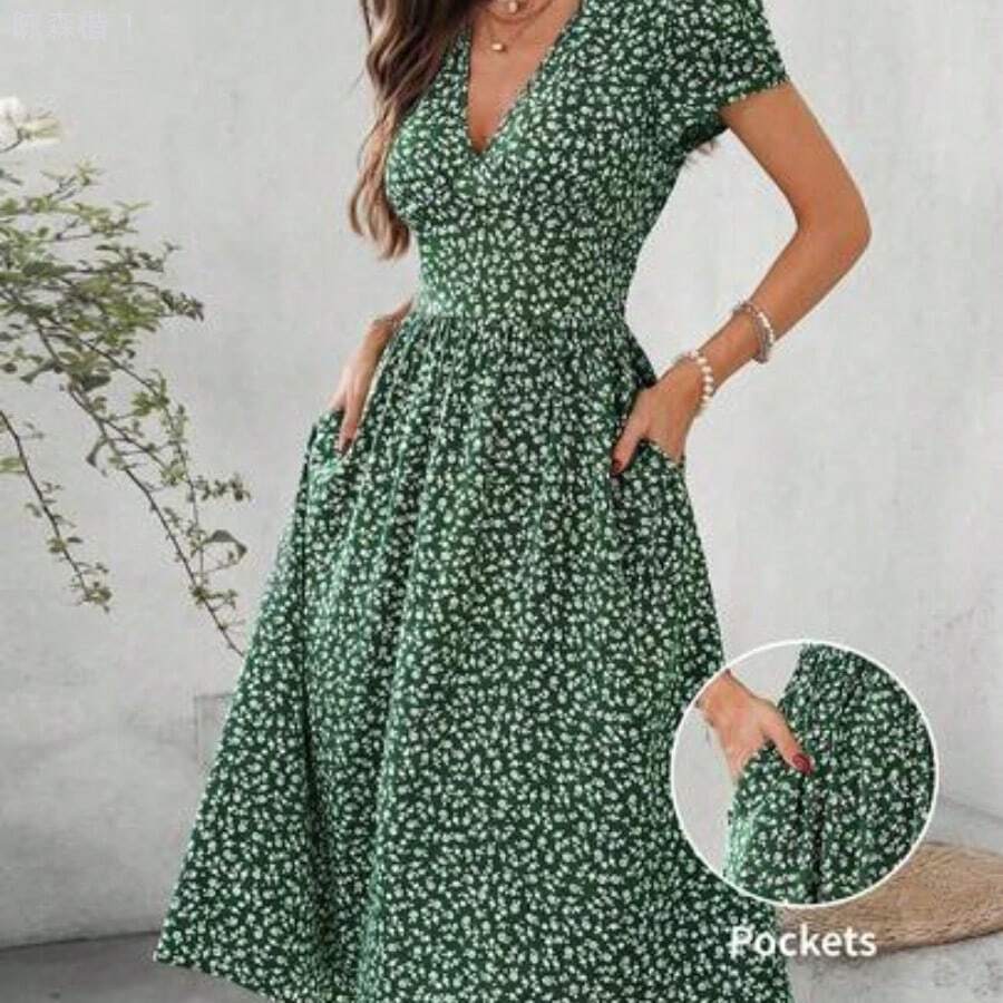 jianchaimaoyi02 Clasi Vestido midi elegante de manga corta con cuello en V, fruncido y corte evasé, con estampado floral pequeño, para uso diario y vacaciones, primavera/verano - Verde Oscuro - Ver 1