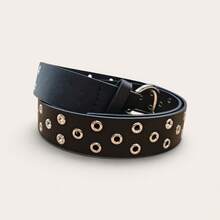 Cinto Feminino Medio com Ilhós Prateados - Couro Sintético Preto 110cm | Moda Rock, Street Style e Y2K PU Ilhó outono - Preto - Visão 3