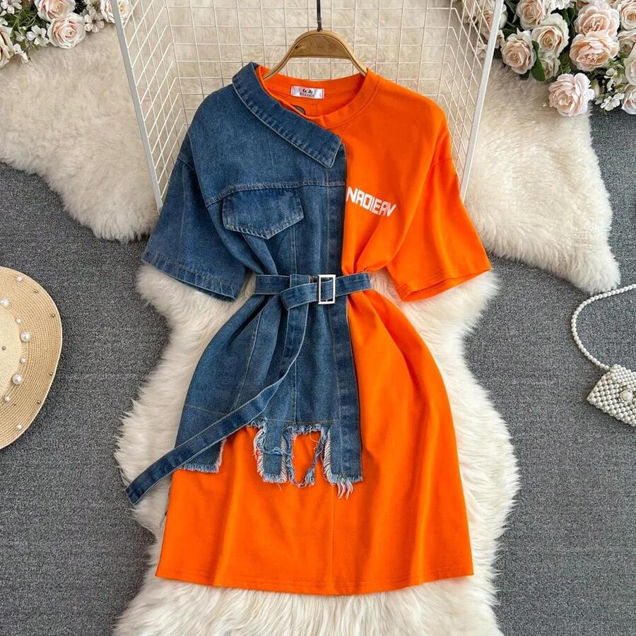 Csa vaquera de mezclilla con cuello redondo, estilo retro de Hong, informal y chic, de longitud media, con cinturón, ...2026 - naranja rojo - Ver 1