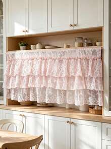 1pc French Romantic Pink Floral Lace Ruffled Curtain For Small Window, 3-Layer Tiered Sheer Valance For Kitchen Cabinet , Rod Pocket Short Sheer Curtain For Cafe Farmhouse Decor - Pink - View 2
