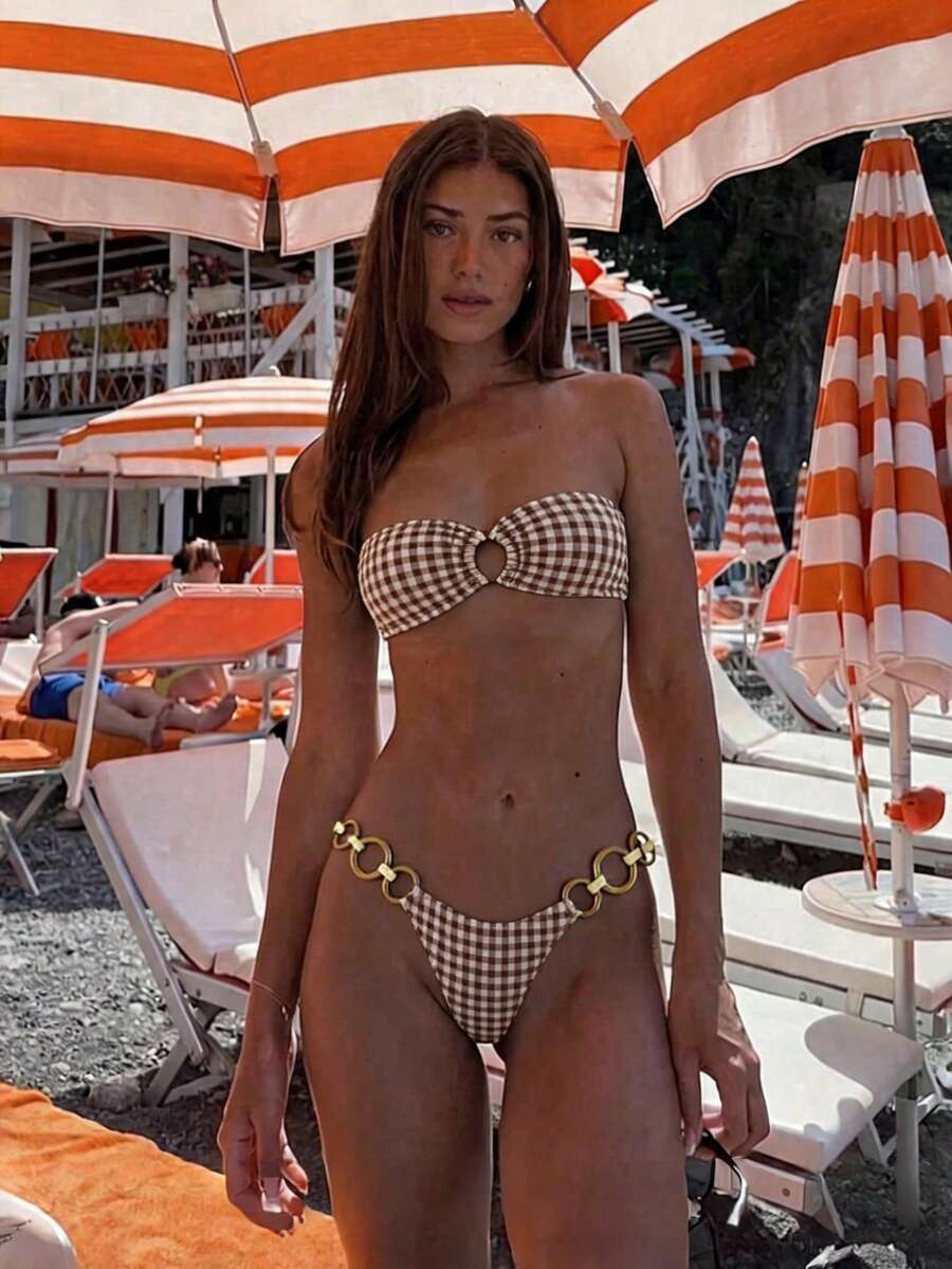 New Arrival Spring/Summer Elegant Sexy Burgundy Solid Color Bandeau Circular Ring Women's Bikini Swimwear, Beach Holiday Party Date Vacation - Multicolor - View 1