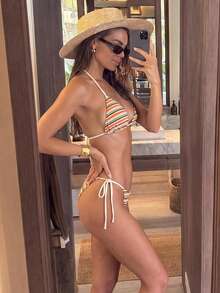 HOTTIE HABIT 女款彩色條紋比基尼套裝，浪漫掛脖式泳衣，適合夏季海灘與度假派對 - 彩色 - 查看 4