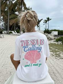 Diseño Sencillo y Versátil[Impresión a Doble Cara]Camiseta Casual de Verano para Mujer Estilo Vintage con Estampado de Concha y Estrella de Mar "THE SEA IS Calling" Manga Corta Cuello Redondo Algodón - Blanco - Ver 3