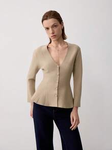 V-Neck Long Sleeve Knit Cardigan With Skirt Hem - Light Khaki - View 1