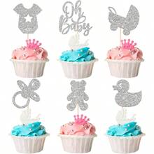 24 piezas de Oh Cupcake Toppers con purpurina para beb Carriage Bear Shower Cupcake Picks para revelar gnero Shower nios de cumpleaos decoracin de pasteles suministros de plata - Diseño 2 + plateado - Ver 2