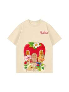 女款夏季 T-shirt，可愛草莓屋印花寬鬆休閒 T-shirt，適合日常甜美女孩風格 - 杏色 - 查看 4