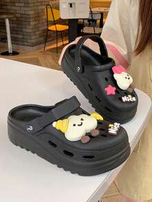 ASOFTER Summer New Cute Casual Style Women's Khaki Clogs, Cartoon Rabbit Decor Closed-Toe Thick Sole Sandals, Suitable For Cherry Blossom Season, Graduation Season, Valentine's Day - Black - View 5