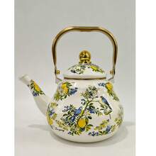 French Retro Pastoral Style + Lemon & Bird Hand-Painted Pattern / Milk White Base With Gilded Trim + Rounded Bulbous Pot Shape + Polished Gold Handle + Golden Lid Details + Uniform Heat Conduction / Easy To Clean & Durable / Large Capacity Water Storage + Enamel Hand-Painted Coffee Water Kettle + Ideal For Daily Home Brewing / Afternoon Tea Hospitality Serving / Kitchen Desktop Decoration / Housewarming Gifting Scenarios - Multicolor - View 7
