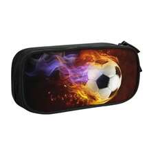 Estuche para lápices de gran capacidad para niños y niños con cremalleras estuche deportivo negro papel de impreso para oficina y escuela - Ftbol con fuego - Ver 2