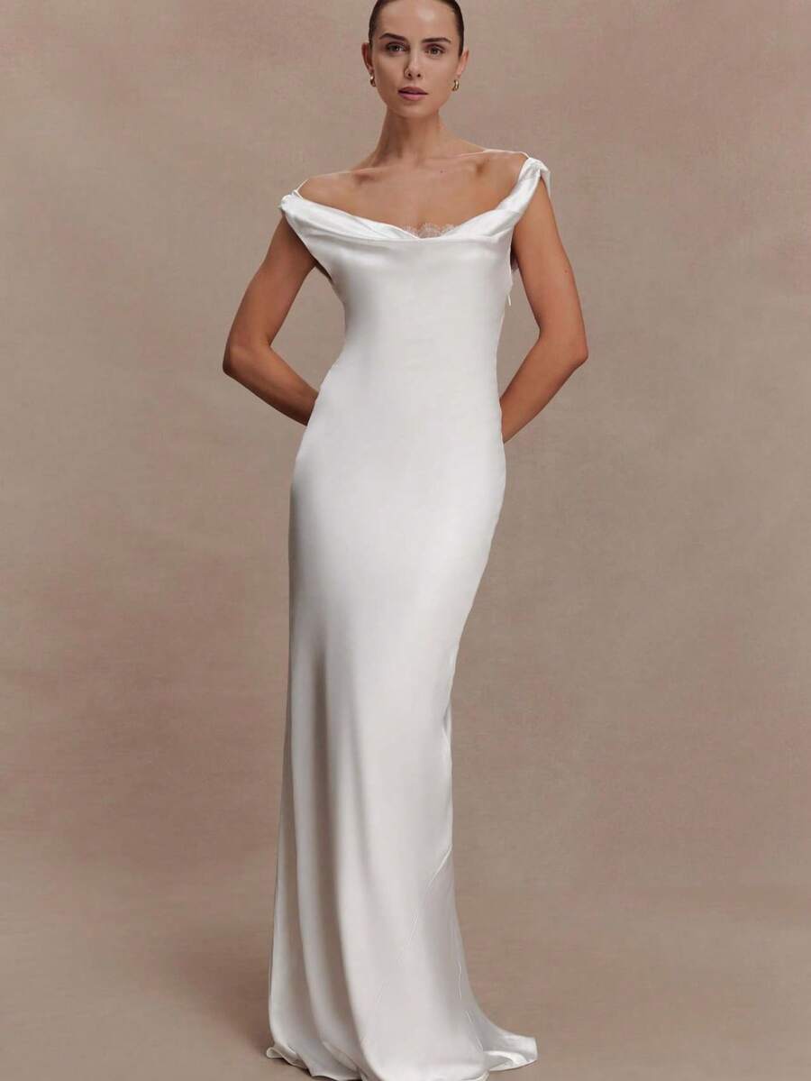 Vestido Satén Encaje Cuello Caído Nuevo - Blanco - Ver 1