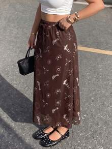 Plus Size Women's Casual Brown Vacation Wavy Ruffle Elastic Mesh Printed A-Line Skirt, Spring/Summer - Brown - View 2