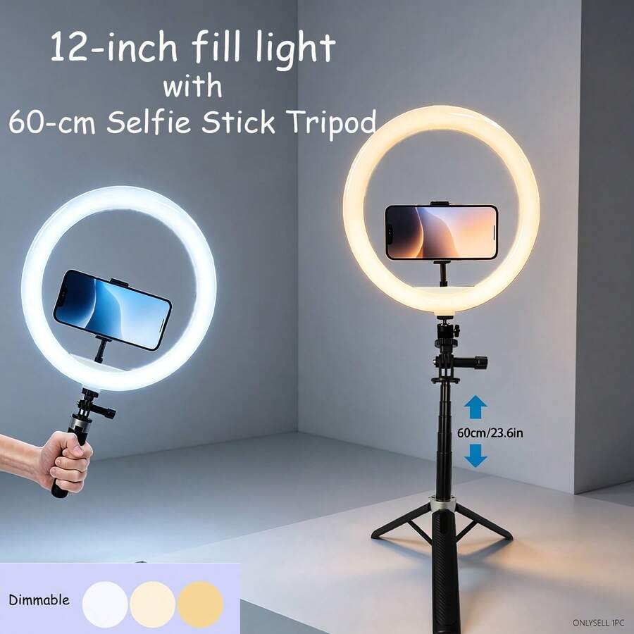 12 Inch Dimmable LED Ring Light With 60cm Selfie Stick Tripod, Adjustable 3 Color Temperatures, Universal For Live Streaming/Makeup/Photography/Travel - 12-inch Fill Light + 60cm Selfie Stick Tripod - View 1