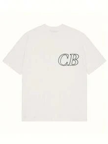 Men's Black Oversized T-Shirt, Casual Short Sleeve With Minimalist CB Outline Print Crew Neck Streetwear Top For Daily Wear - 黑色 - 查看 6