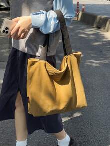 Large Capacity Corduroy Tote Shoulder Bag | Mustard Yellow Contrast Strap Bag | Work/School/Travel | Durable Bag - Multicolor - View 3