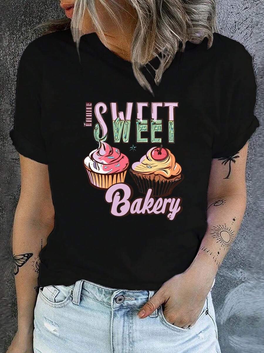 Women's Plus Size Round Neck Short Sleeve T-Shirt, 180g, 100% Cotton, Soft And Pleasant To The Touch, Exclusive For Mother's Day, Sizes 3XL-5XL, With Cupcake Print, Casual Spring/Summer T-Shirt, Women's Clothing. - 黑色 - 查看 1