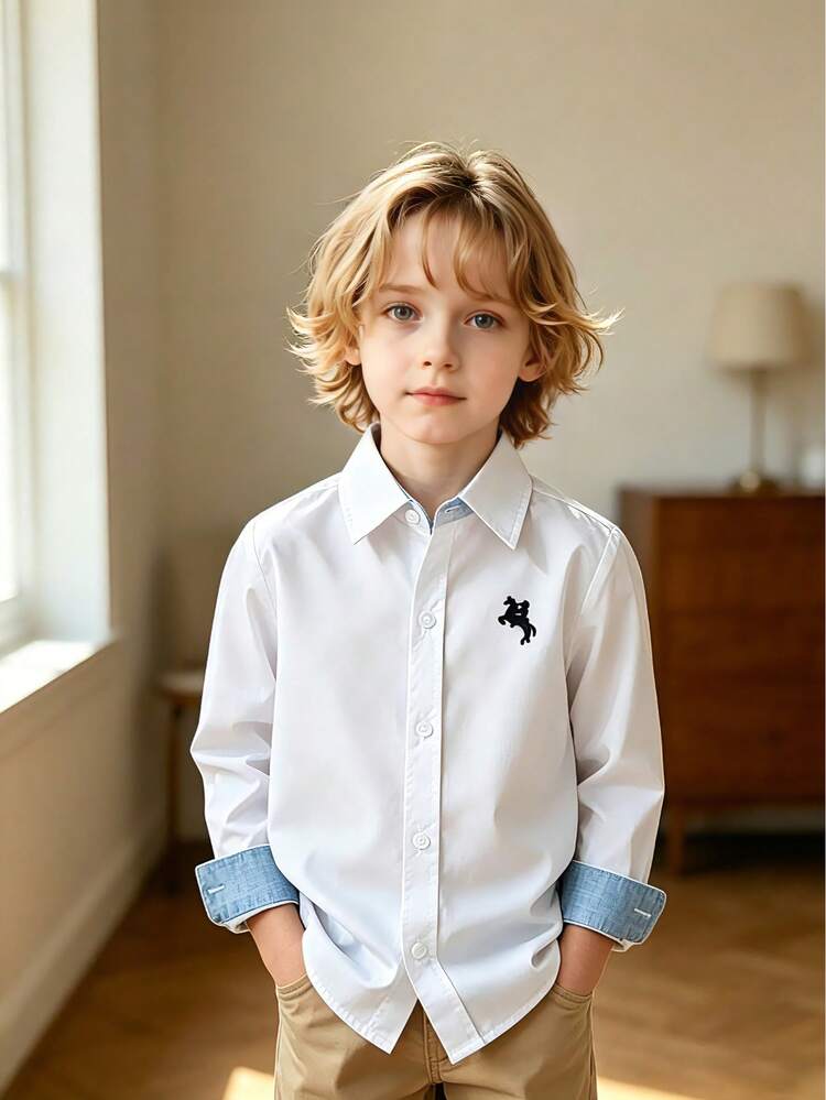 Young Boy Casual Minimalist Embroidered Contrast Color Long Sleeve Shirt - White - View 1