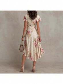 Elegante vestido midi vintage de mujer con estampado floral, escote en V y mangas con volantes, vestido veraniego informal de corte A en tejido tejido. - Blanco - Ver 2