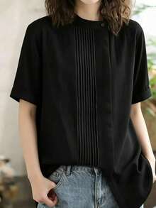 女款標準版型黑色夏季圓領短袖壓褶梭織上衣 - 黑色 - 查看 1