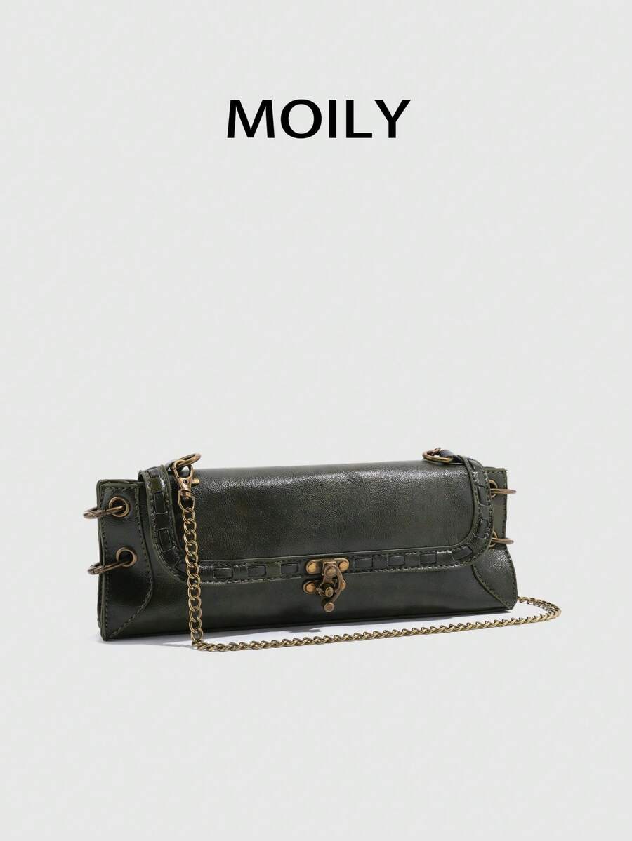 Túi đeo vai đa năng thời trang, túi đeo chéo, túi cầm tay clutch dáng bull, khóa cài và khóa kéo kép, phong cách retro thanh lịch, chất liệu PU, túi xách nữ phù hợp hẹn hò, du lịch, đi làm, đi học, tiệc tối - Màu xanh lá cây đậm - Xem 1