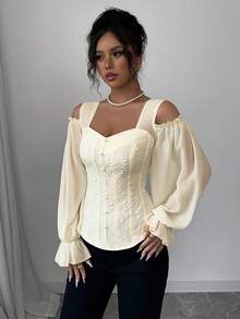 Fashionable Open-Style Design With Long Floral Jacquard Sleeves And Adjustable Shoulder Straps - Apricot - View 6