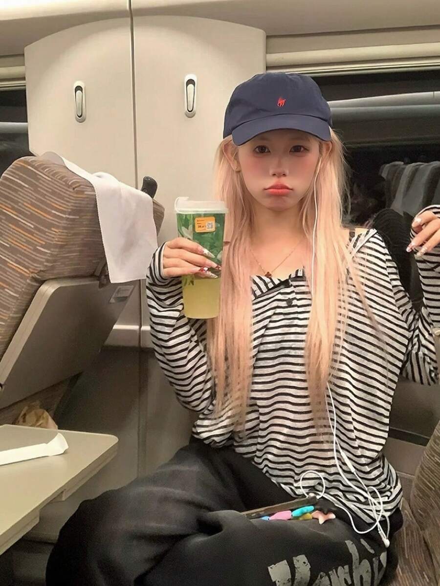 美式復古高端條紋拼色防曬長袖上衣 女款修身薄款內搭襯衫 夏季女裝上衣 黑色 - 黑色 - 查看 1