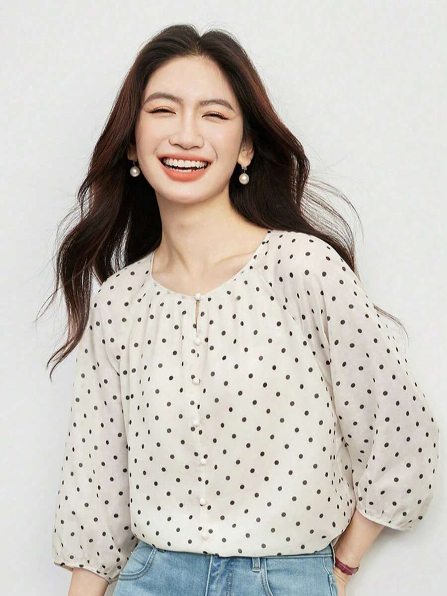 French Retro Polka Dot Versatile Blouse, Women's Spring/Summer New Lightweight Mid-Sleeve Shirt Top - Apricot - View 1