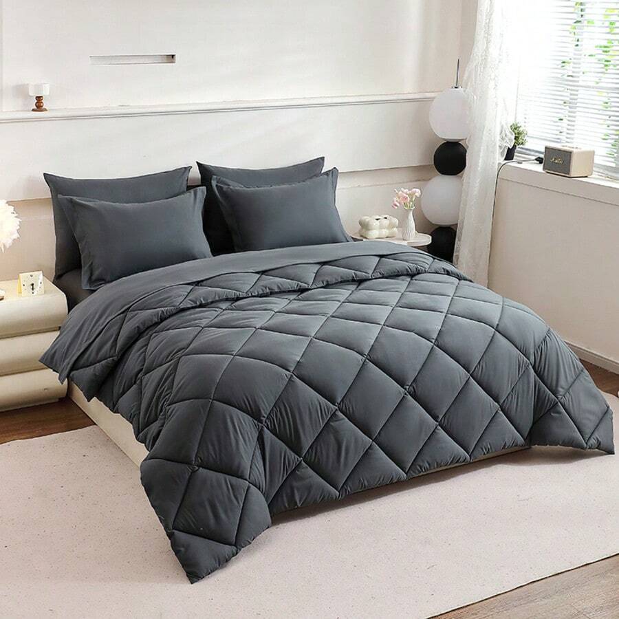 7pcs Full Queen King Black Dark Grey Green White Quilted Comforter Fitted Sheet Flat Sheet Mattress Protector Cover And Pillowcases Sets - 深灰色 - 查看 1