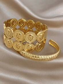 Luxury Vintage Coin Badge Wide Bangle Bracelet For Women, Stainless Steel Jewelry Set, Beach Summer Boho Mom Gifts,For Daily Party Birthday Valentine - Multicolor - View 4
