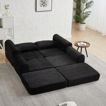 2-In-1 Corduroy Sofa Bed Cord-Zwei-In-Eins, With Two Pillows, Elegant Curved Armrests, Removable Footrest And Modular Arrangement. - 黑色 - 查看 11