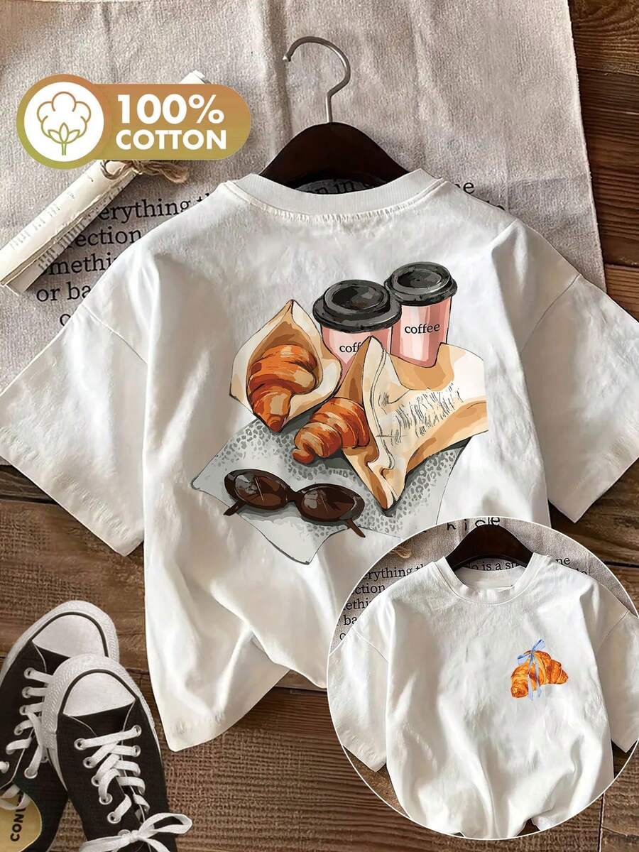 Minimalist. 100% Cotton. 1 Piece. Women's T-Shirt With Double-Sided Print, Illustration Style, Coffee Print, Croissant, Glasses, Casual, Crew Neck, Short Sleeve, Summer Top. Spring/Summer Top. - 白色 - 查看 1