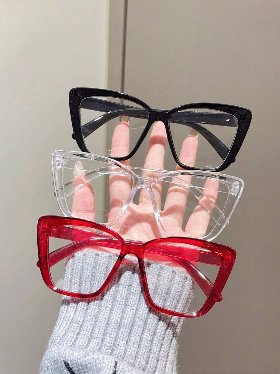 3pcs/1pc Women's Solid Color Casual Style TR Material Cat-Eye Oversized Transparent Glasses, Suitable For All Seasons - Transparent - View 1