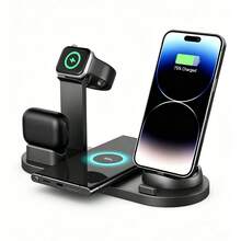 Estación de carga inalámbrica rápida 6-en-1 de 15W, soporte cargador multidispositivo compatible con iPhone 17/16/15/14/13/12, carga USB compatible con Apple Watch - Negro - Ver 6